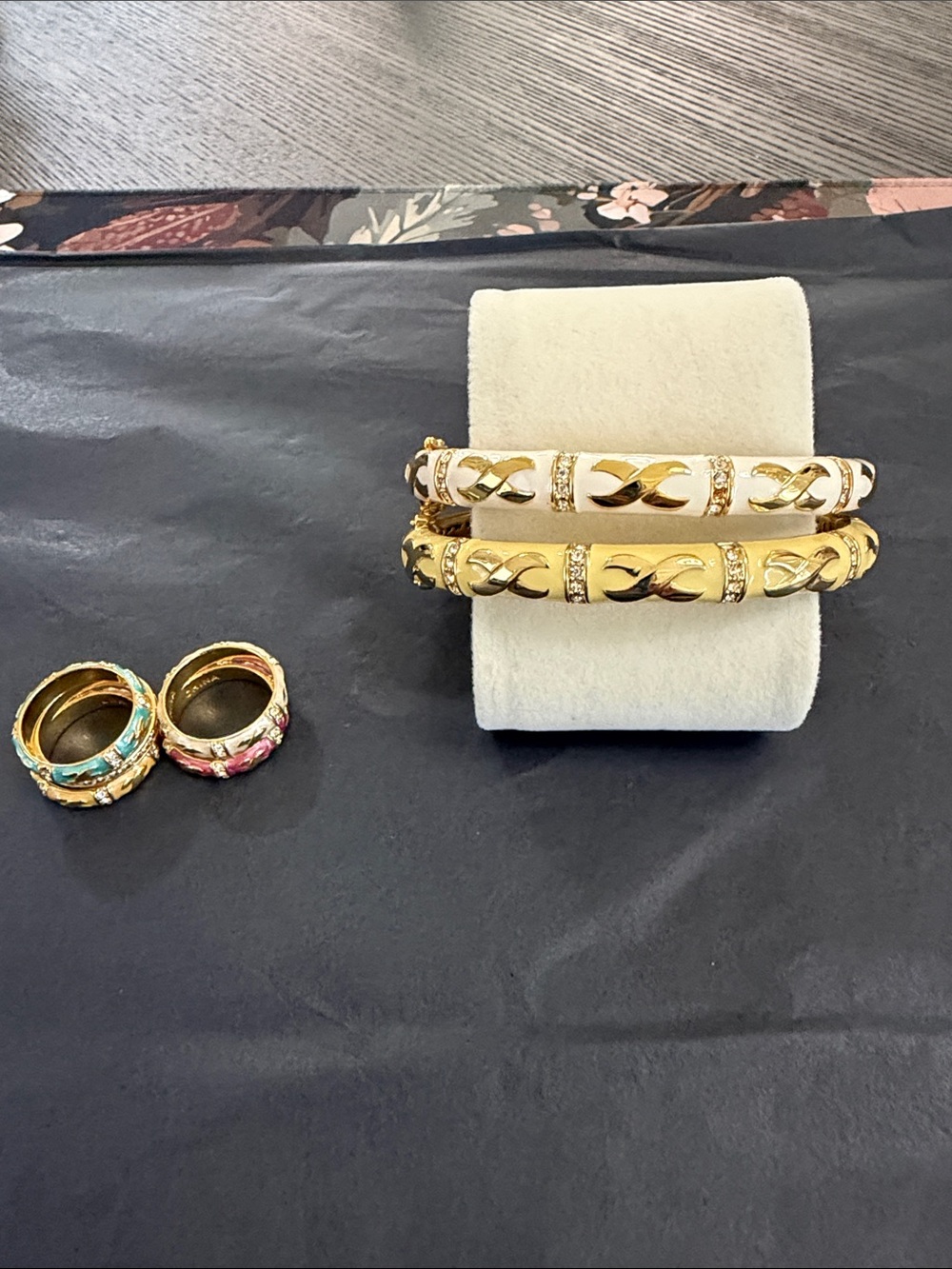 Lauren G Adams enamel and gold plated bangle bracelet and stacking ring set.